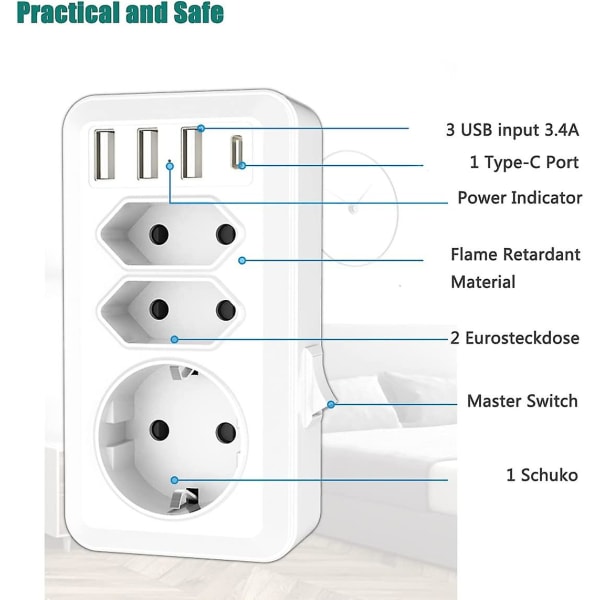 Usb Stikdåse, 7-i-1 Multistikdåse, 3 Usb og 1 Type-c Port, 3-vejs Stikdåseadapter med Usb Oplader (2 Euro Stikdåser og 1 Schuko Stikdåse)