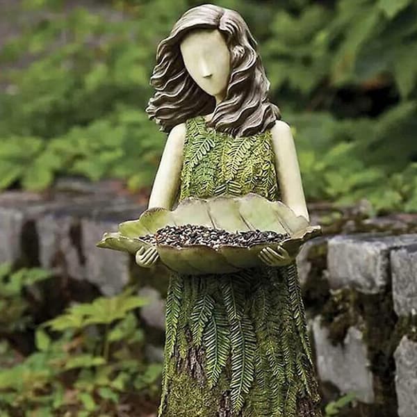 Bregne Fe Statue med Fuglefoder Resin Figur Gudinde Stedsegrøn Udendørs Haveindretning