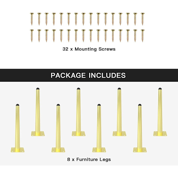 8 st 12 tum möbelben, raka koniska metallmöbelben svarta möbelben i mitten av århundradet stolsfötter ersättningsben för soffa skåp soffbord stolsben Gold 30cm