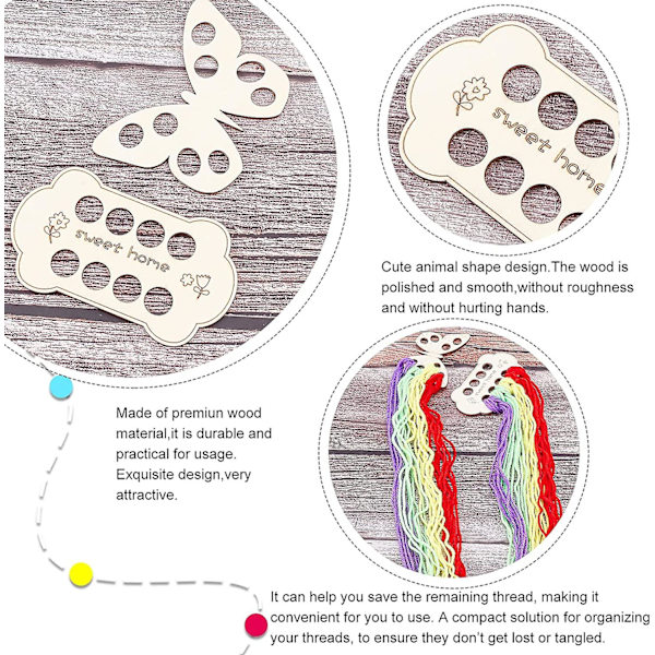 8 st broderitrådshållare i trä, fjärils- och benformade korsstygnsprojekt, trådspolar i trä för förvaring av broderisömnad T