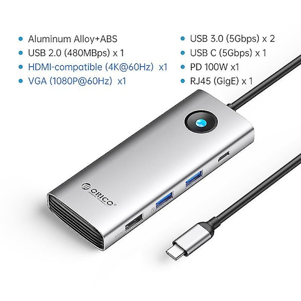 8 i 1 Dockningsstation HD+VGA PD 100W Laddning Gigabit Ethernet Multifunktionell Typ-C Hub Silver
