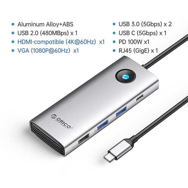 8-in-1-telakointiasema HD+VGA PD 100W -lataus Gigabit Ethernet Monitoiminen Type-C Hub Silver