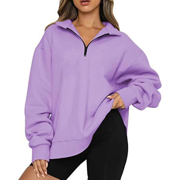 Dame Oversized Halvzip Trøje med Lange Ærmer - Efterårssweatshirt - Kvartzip Trendy Hoodie Outfits til Teenagere m0 purple XX Large