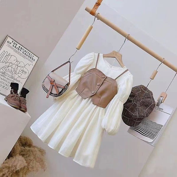 Vår höst baby kostymer flickväst + långärmade klänningar 2 stycken barn söt prinsessklänning barn chiffong vestido 2 to10t Beige 150