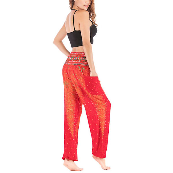 Boho Yoga Bukser til Kvinder - Printede Pilates Bukser med Løs Pasform og Baggy Harem Stil - Perfekt til Strand, Yoga, Dans og Mere Red One Size