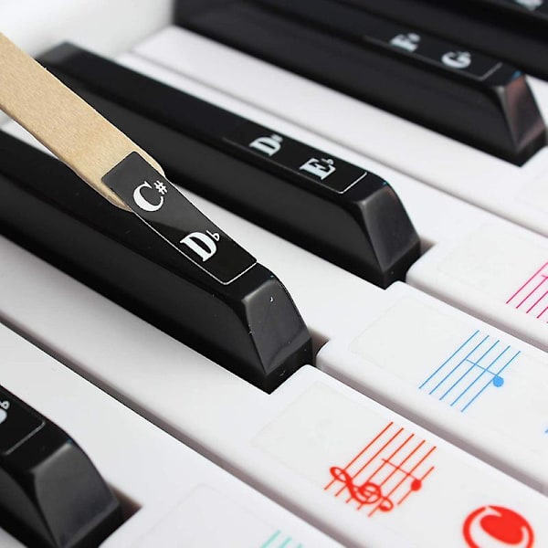 Piano kosketintarrat, 2 kpl, 88/61/54/49/37 koskettimelle. Suuremmat värikkäät kirjaimet, ohuempi materiaali, irrotettavat, läpinäkyvät, puhdistusliinalla.