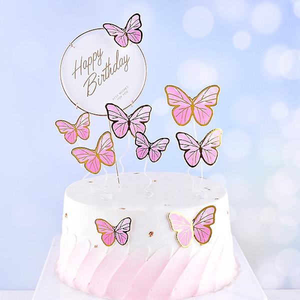 Rosa Sommerfugl Kaketopper, 10 stk. Sommerfugl Cupcake Toppers Gratulerer med dagen Metall Gull Kaketopper For Jenter Kvinners Bursdagskake Festdekorasjoner