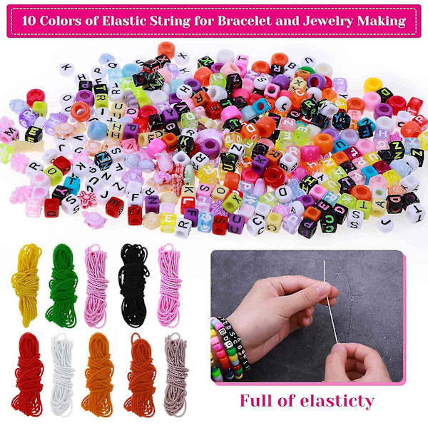 Ponyperler for smykkelaging, armbåndslagesett med pony akrylperler, bokstavperler og 10 ruller