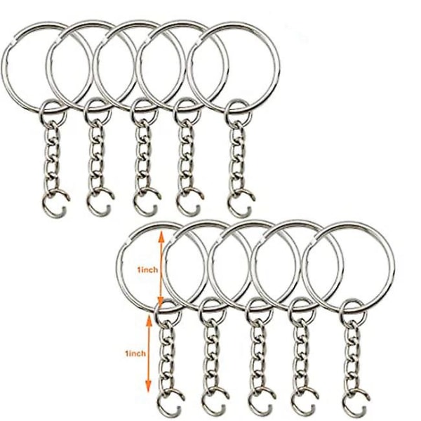 1 tuuman/25 mm avoin avaimenperä ketjulla, hopeanvärinen avaimenperä, avaimenperän osat, avoin ristikkäisrengas ja liitin. 10 kappaletta