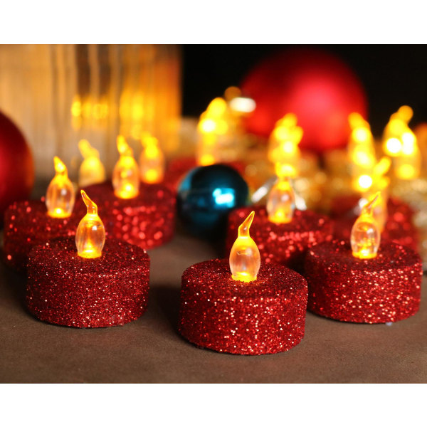 Röda flamlösa votivljus, 12-pack batteridrivna flimrande led värmeljus för bröllopscentrum, bord, födelsedag, utomhus, juldekoration