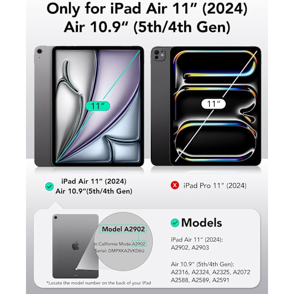 iPad Air 11 tuuman M2 -kotelo, iPad Air 6/5/4 (2024/2022/2020), irrotettava magneettikansi, jalusta pysty-/vaakasuunnassa korotetulla näytöllä Black Pro 13 inch
