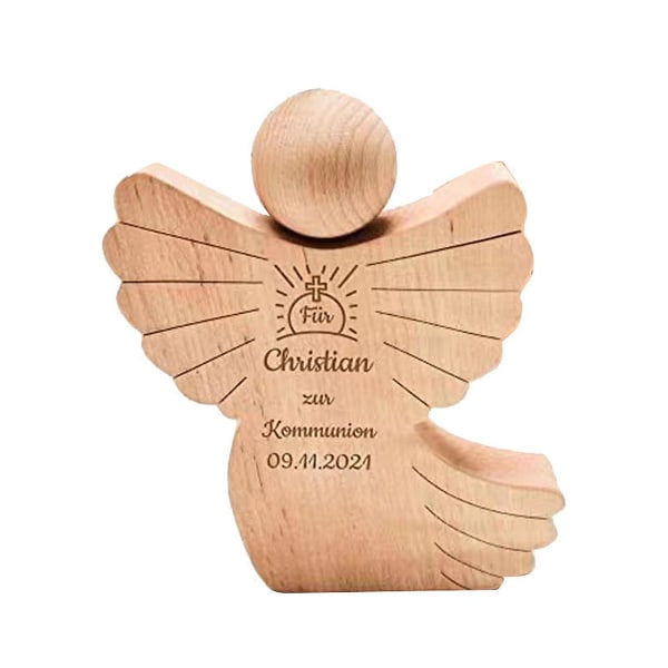 Ny anländer graverad träängelfigur för nattvardsgåva med lyckliga vingar för att hålla pengar eller kuponger