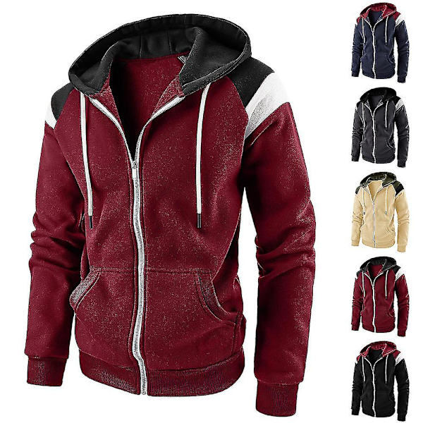 Herre Casual Hættetrøje Kontrastfarve Lynlås Hætte Langærmet Jakke Sportsjakker Overtøj Toppe Wine Red 2XL