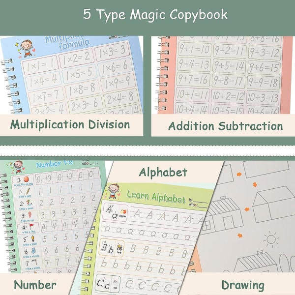 Magic övningsbok för barn, 5-pack återanvändbar övningsbok för handstil för barn, övningsbok för skrivning för förskolor, kopia av magic handskriftshjälp