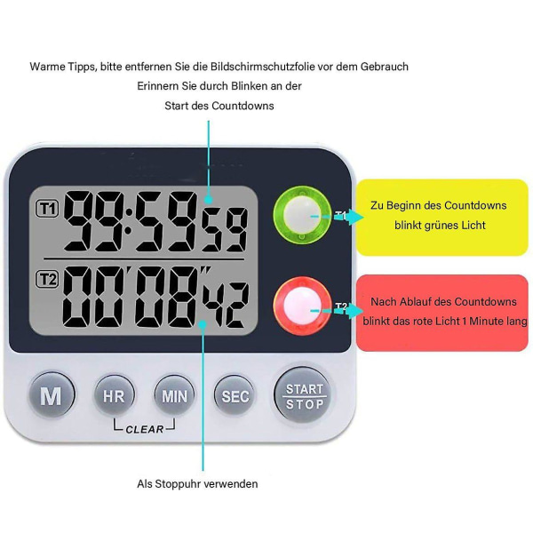Digital dubbelkökstimer, justerbar volymtimer, matlagningstimer, stoppur, stor LCD