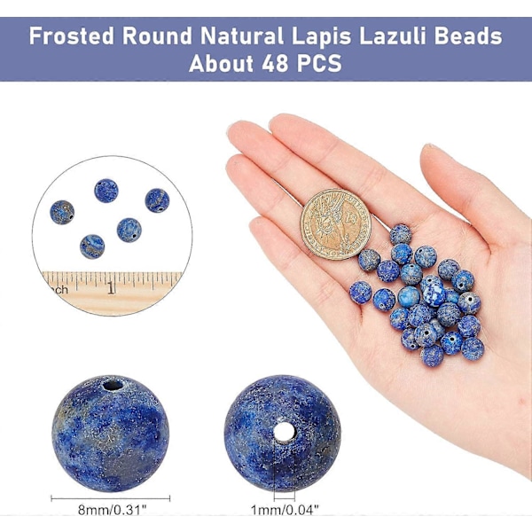 Ca. 48 stk. frostede naturlige steinperler 8 mm naturlig lapis lazuli runde perler edelsten løse perler for armbånd halskjede smykkelaging (Hull: 1 mm)
