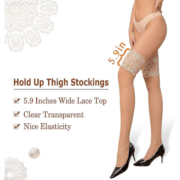 Hold Ups Lårhöga Strumpor För Kvinnor, Anti-halk Silikon, Spets Topp, 20 Denier 20D Beige L