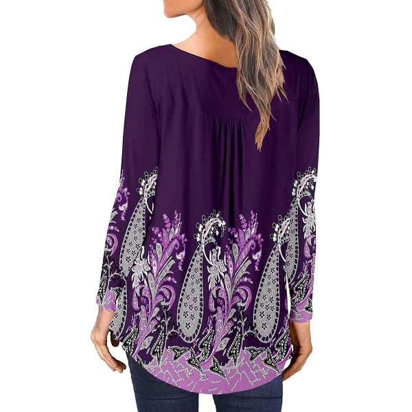 Dam T-shirt Tunika Enfärgad Plisserad V-ringning Knappar Upp Blus Blommig Tryckt Dam Purple S