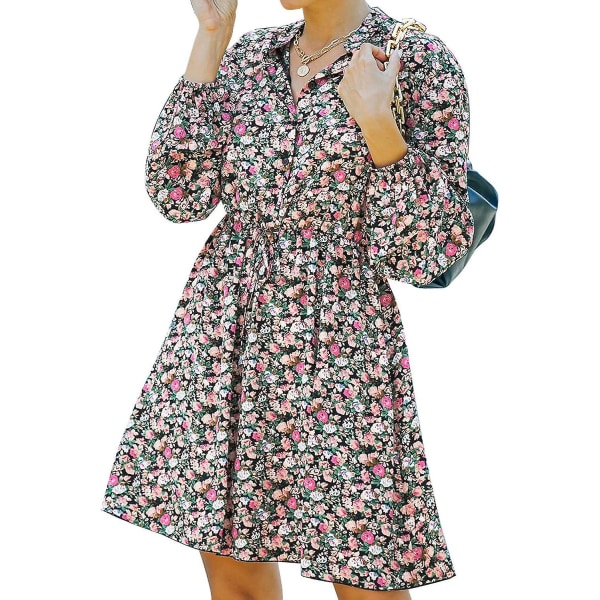 Kvinnors långärmad kort klänning Button Down Blommigt print höstklänningar Pinkfloral Medium