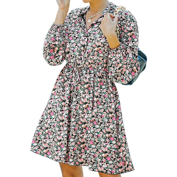 Langærmet kort kjole til kvinder med knapper og blomsterprint, efterårskjoler Pinkfloral Medium