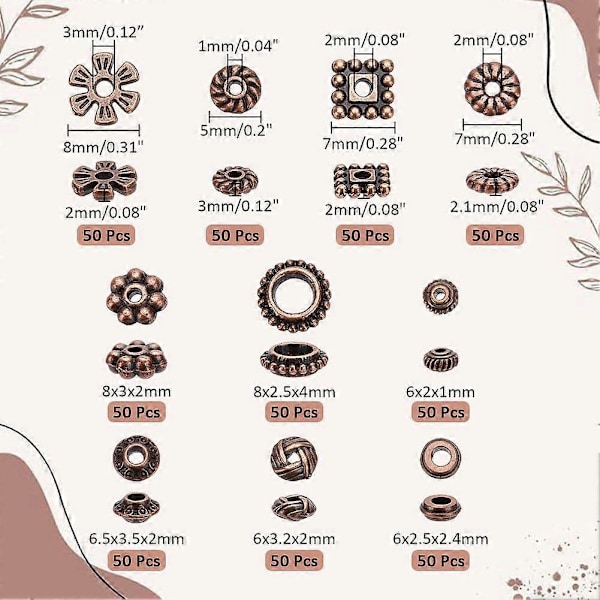500 stk. Tibetanske Avstandsperler 10 Stiler Smykker Perle Avstandsstykker Rød Kobberlegering Perler Metallhåndverk Løse Perler for Smykkelaging DIY Armbånd Halskjede