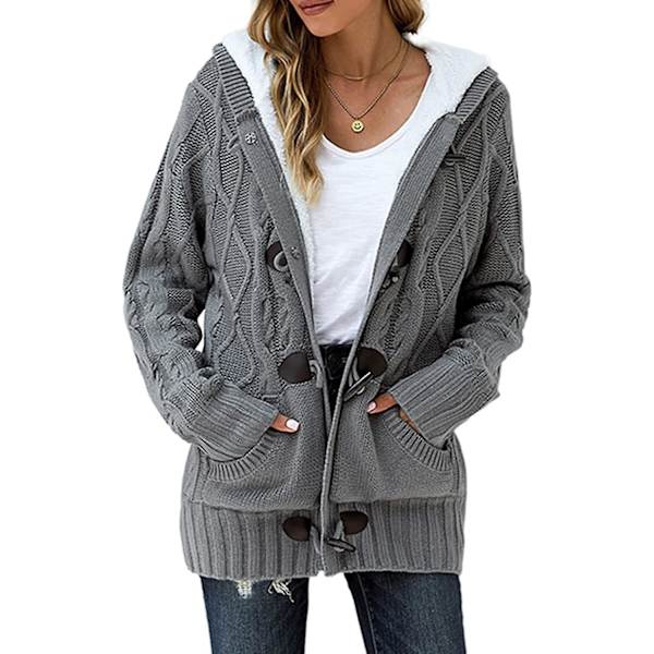 Dame Hætte Cardigans Knap Op Kabelstrikket Sweater Frakke Overtøj Med Lommer M