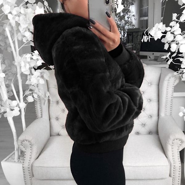 Dame Mode Afslappet Frakke Efterår Vinter Hættefrakke Plys Varm Jakker Plus Størrelse S-5xl Black M
