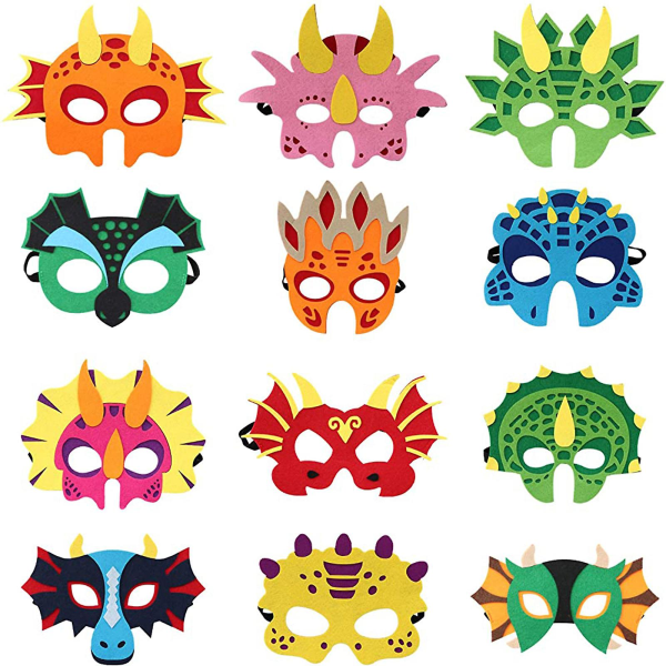 2023 Bästa Dinosauriemasker Festtillbehör, filt och resår för barn - Dinosauriefestdekorationer med 12 masker olika typer - Bra idé för Bir