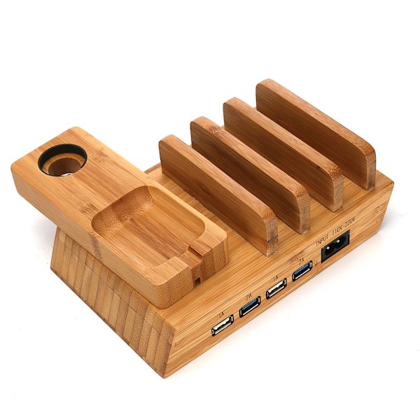 Multi-port ladestasjon i bambus for mobiltelefon, nettbrett og skrivebord