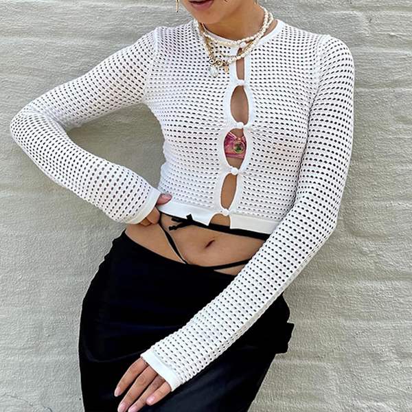 Dame Hul Ud Hæklet Strik Trøje Crop Tops Langærmet Trøje Cropped Style 9 S