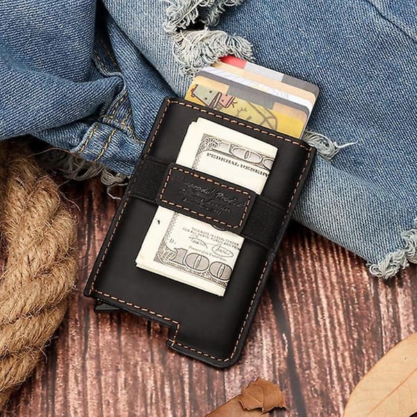 Läderkortficka Väska RFID-blockering Full Grain Multifunktion Plånbok Kontantbehållare Black