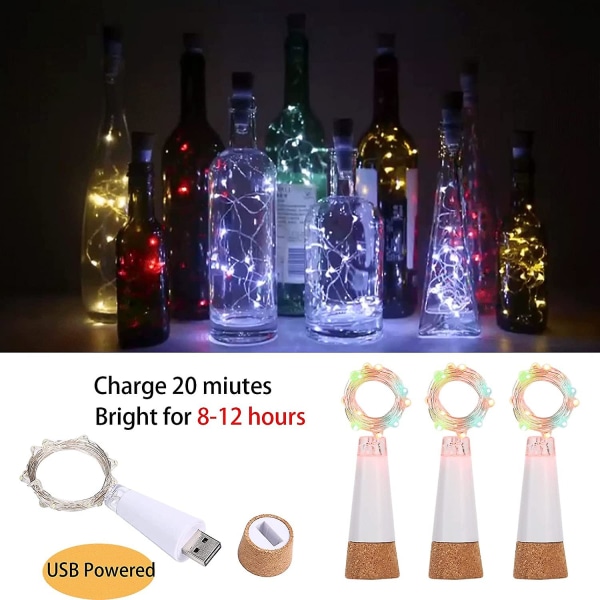 Paket med 4 LED-vinflaskbelysning, flerfärgad, USB uppladdningsbara korklampor för vinflaskor, 59 tums kopparkabel, 15 led, flaskljus för Chris