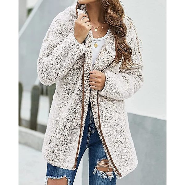 Dam Huva Fuzzy Fleece Coat Solid Oversized Kontrastfärg Kantband Vinter Varm Pälsjacka Ytterkläder M