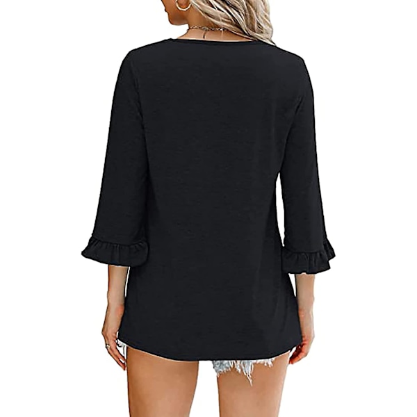 Dame Ensfargede Topper Casual V-hals Ruffle 3/4 Bell Erme Bluse Tunika Løs Skjorte Black A M