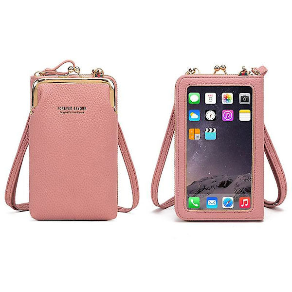 Stilfuld PU Læder Touch Screen Telefon Taske Pung Dame Crossbody Taske Deep Pink