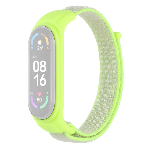 Nyloninen urheilullinen kadonneen estävä ranneke Xiaomi Mi Band 3/Band 4/Band 5/Band 6/Band 7 -älykellolle silikonisella kellokotelolla Fluorescent Yellow