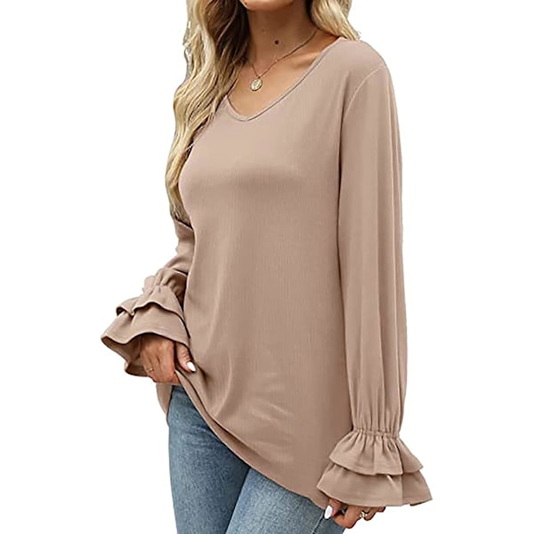 Dame Ensfargede Topper Casual V-hals Ruffle 3/4 Bell Erme Bluse Tunika Løs Skjorte Khaki B M