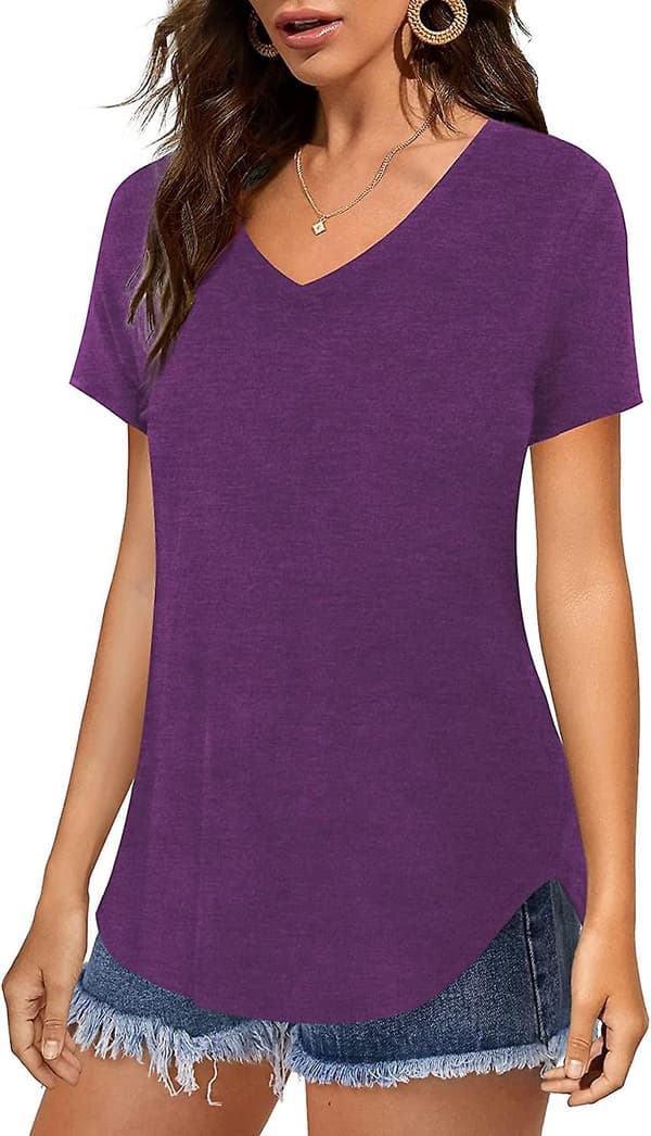 Womens Casual Tunic Tops Short/long Sleeve V Neck Tshirts Plain Basic Longline