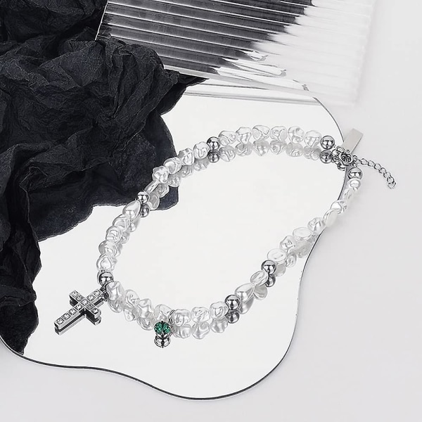 Kors Pärl Choker Halsband För Män Kvinnor Unisex Silver Grön Kubisk Zirkon Rostfritt Stål Mode Edgy Hip Hop Estetisk Emo Charm Choker Halsband Gi