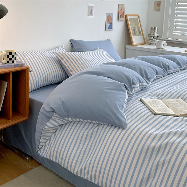 Bomullsduntäcke, lyxigt enkelt randigt sängklädesset, japansk stil rent bomullstäcke randigt blue 2.0m