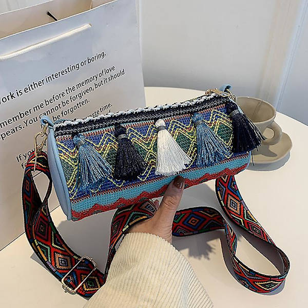Etnisk stil Canvas Crossbody Bag Tonårsflickor Plånbok Bär Väska Axelväska för Kvinnor Damer Blue