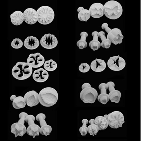 33 Deler Fondant Kakekjeks Stempel Kutter Sukkerblomst Blad Sommerfugl Hjerteform Dekorasjonsform DIY Verktøy