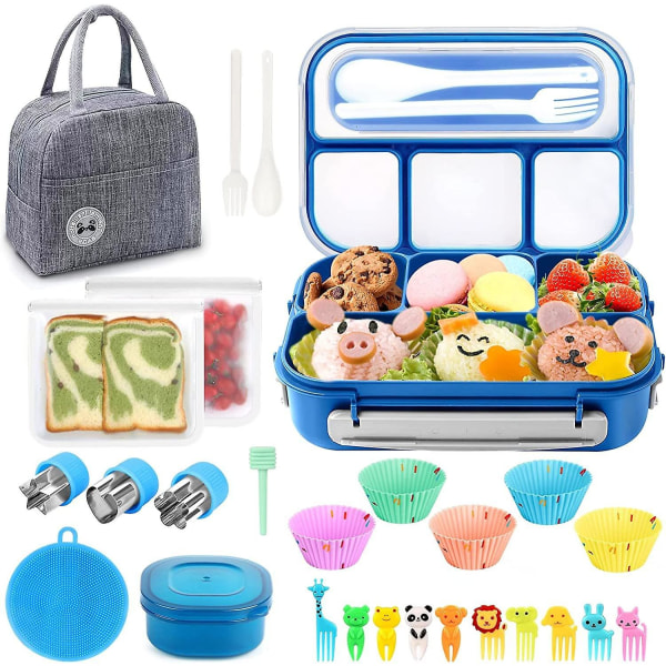 27-delad Bento Box Lunchbox-set, 1300ml Lunchlåda för Barn/Vuxna, Hållbar Läcksäker Låda med 4 Fack, Sked, Gaffel, Väska och Tillbehör blue