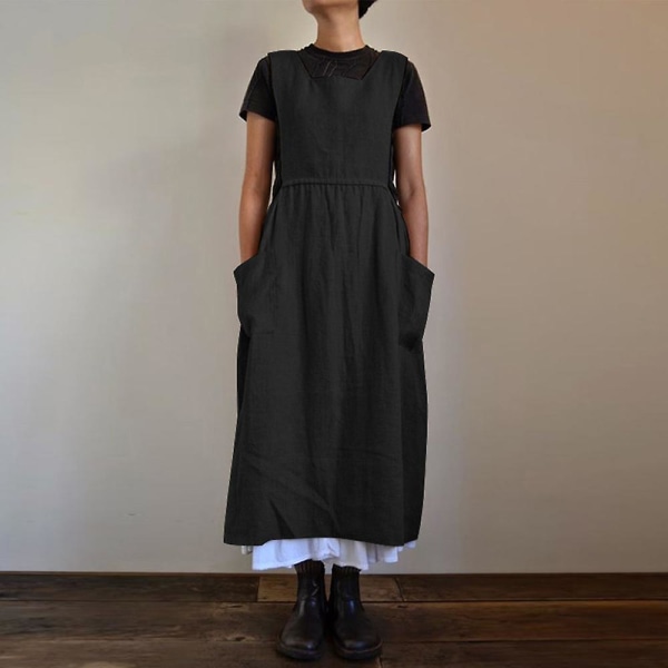 Damklänning Casual Lös Solid Pinafore Långa remmar Förkläde Bomull Linne Overall Klänningar med fickor ,beige black S