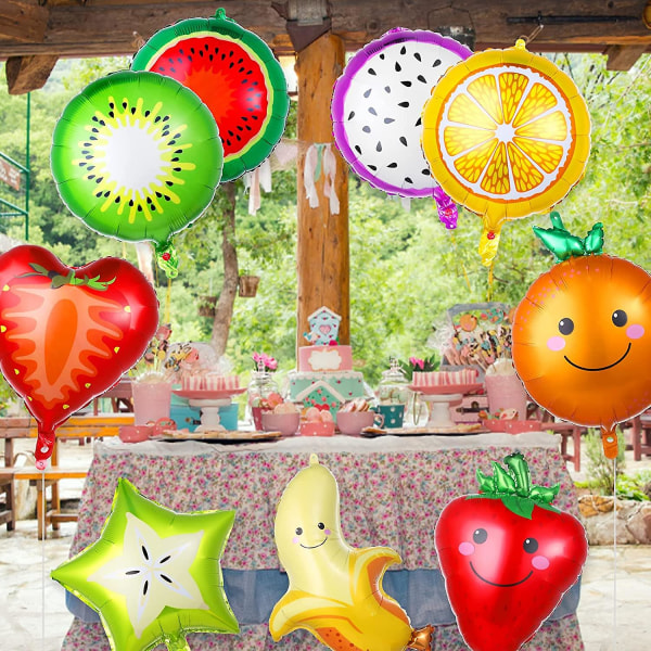 18 stycken fruktballonger, fruktfestdekorationer med band och halm, frukt aluminiumfolieballonger Tutti Frutti festdekorationer Tropisk frukt Fo