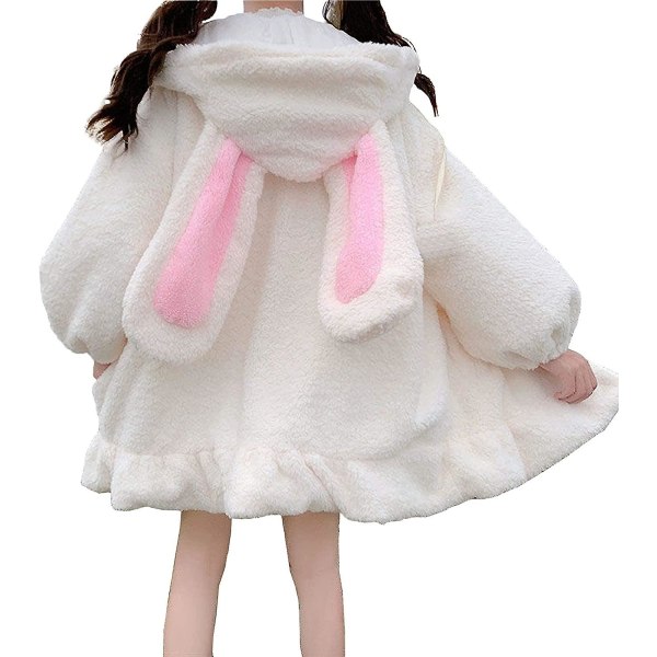 Söt Bunny Ear Hoodie Fuzzy Fluffy Rabbit Sweater Sweatshirt Pullover Toppar Långärmad Kawaii Jacka Coats vit M