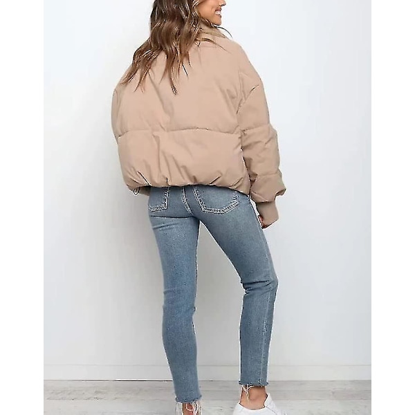 Dam vinter långärmad stativ krage Zip Pufferjacka Baggy Short Down Vadderade kappor Khaki Small