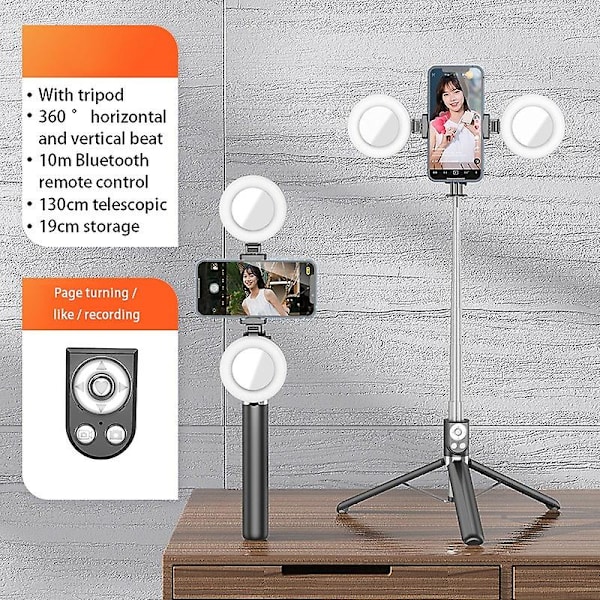 1,3 m Udtrækkelig Selfie Stick Bluetooth Fjernbetjening Bærbart Tripod Stativ + Udfyldningslys og Spejl Black