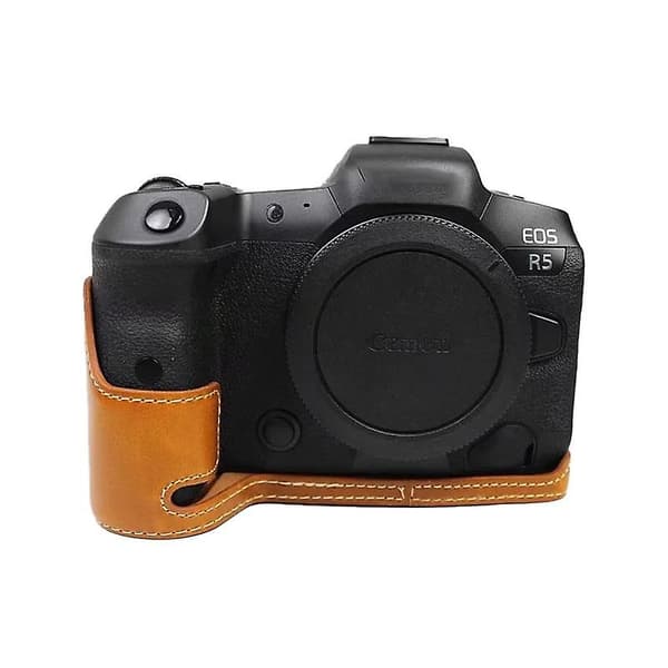 PU-läderkamerahölje för Canon EOS R5/R6/R62 Batteriöppning Flanellfoder Halv kroppsskydd Brown