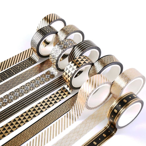 10 Ruller Washi Tape Sæt Maskering Sort Guld Folie Print Dekorativ Til Kunst, DIY Håndværk, Bullet Journals, Planlæggere, Scrapbooking, Indpakning (15mm X 10 Ruller)